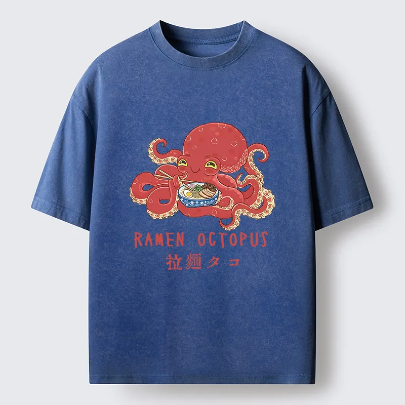 Magmoo Cute Octopus Eating Ramen Washed T-Shirt