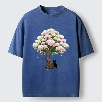 Magmoo Sakura And Cat Washed T-Shirt-Magmoo