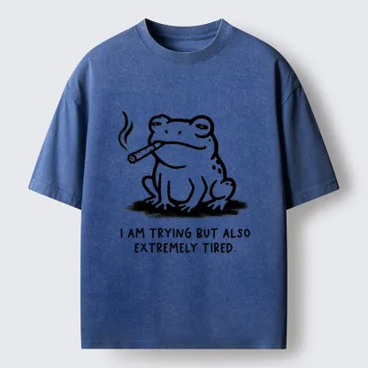Magmoo Hardworking But Tired Frog Washed T-Shirt
