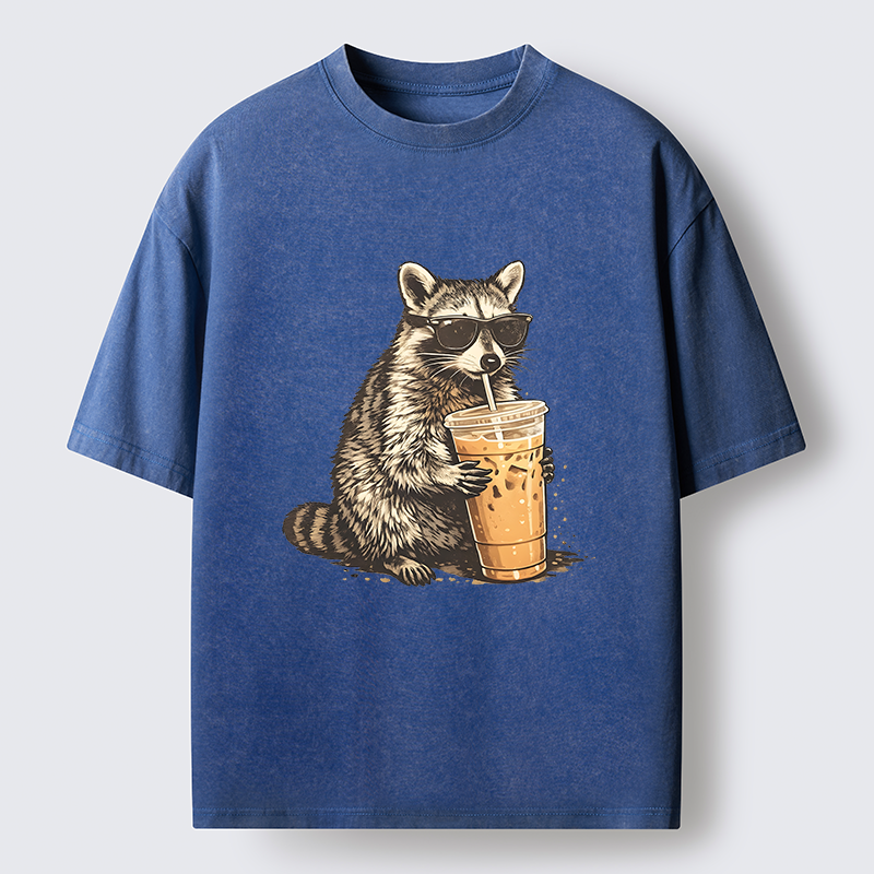 Magmoo Raccoon Drinking Coffee Funny Washed T-Shirt