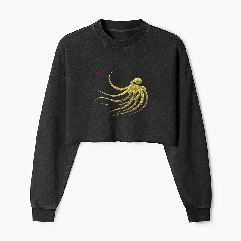 Magmoo Retro Octopus Japanese Washed Crop Sweatshirt