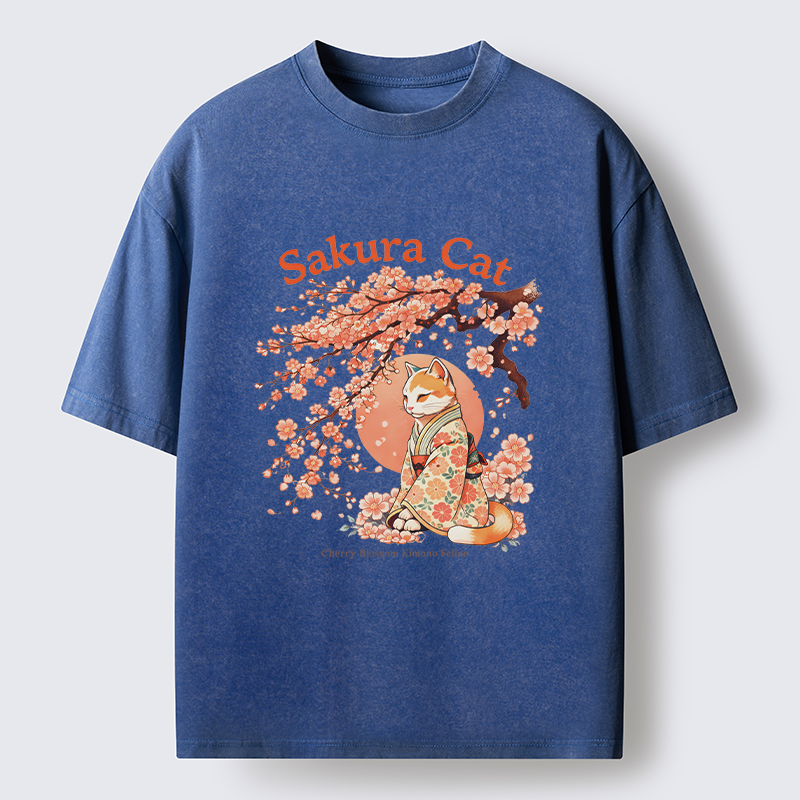 Magmoo Cat Under The Sakura Washed T-Shirt-Magmoo