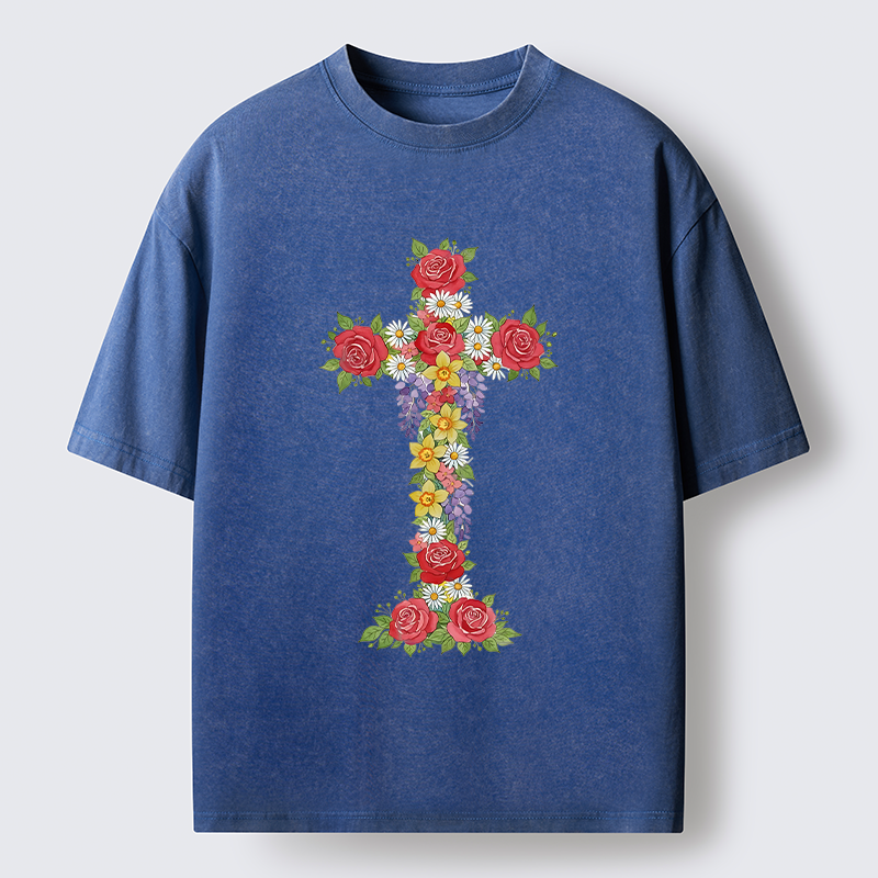 Magmoo Flower Cross Washed T-Shirt-Magmoo