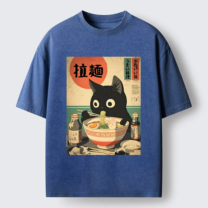 Magmoo Cat Is Eating Ramen At The Restaurant Washed T-Shirt-Magmoo