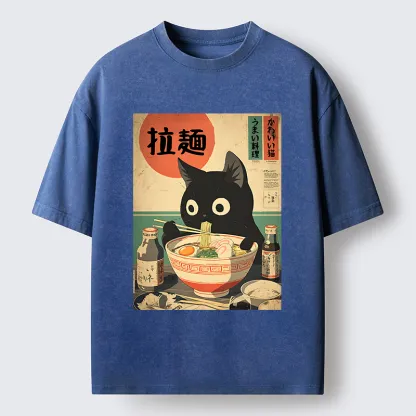 Magmoo Cat Is Eating Ramen At The Restaurant Washed T-Shirt-Magmoo