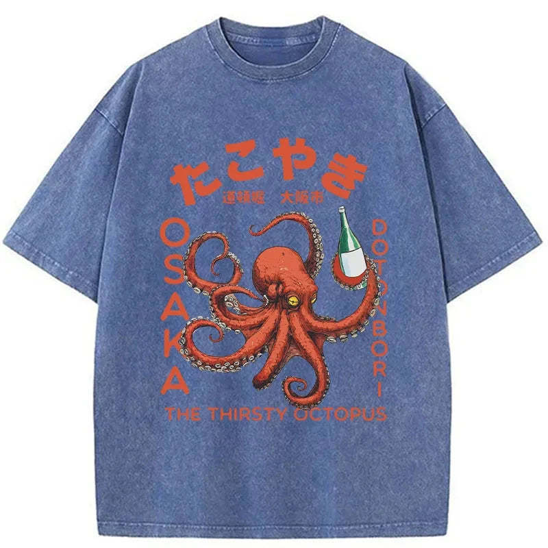 Magmoo Octopus Drinks Soju Washed T-Shirt