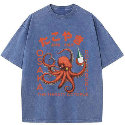 Magmoo Octopus Drinks Soju Washed T-Shirt