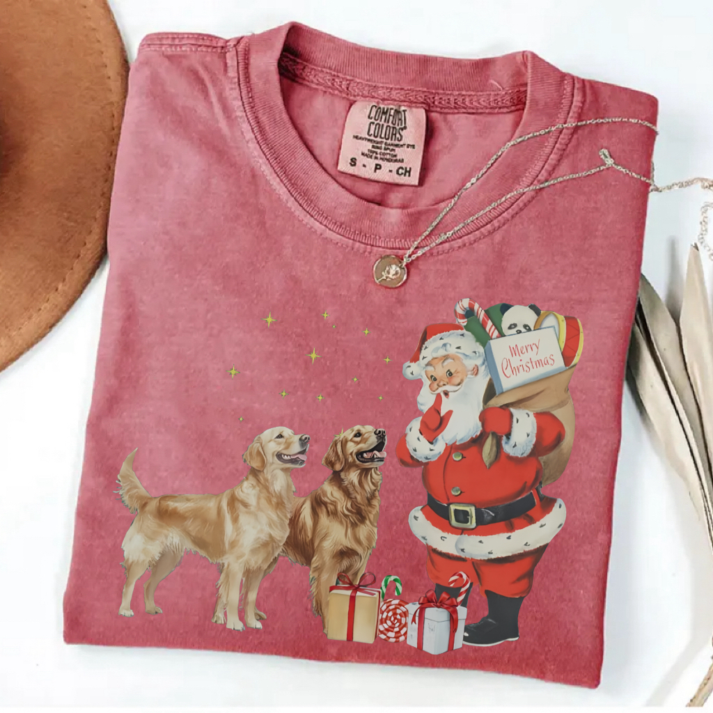 Vintage Golden Retriever Santa Christmas T-shirt