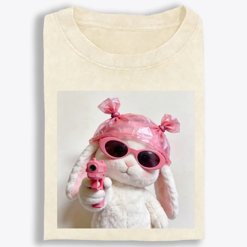 Pink Gun Gangsta Bunny Meme Retro Washed T-Shirt