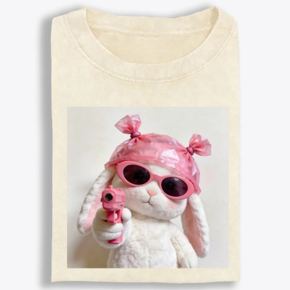 Pink Gun Gangsta Bunny Meme Retro Washed T-Shirt