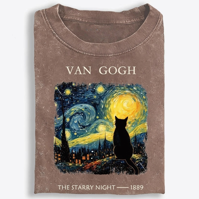 Van Gogh Starry Night Cat Retro Washed T-Shirt