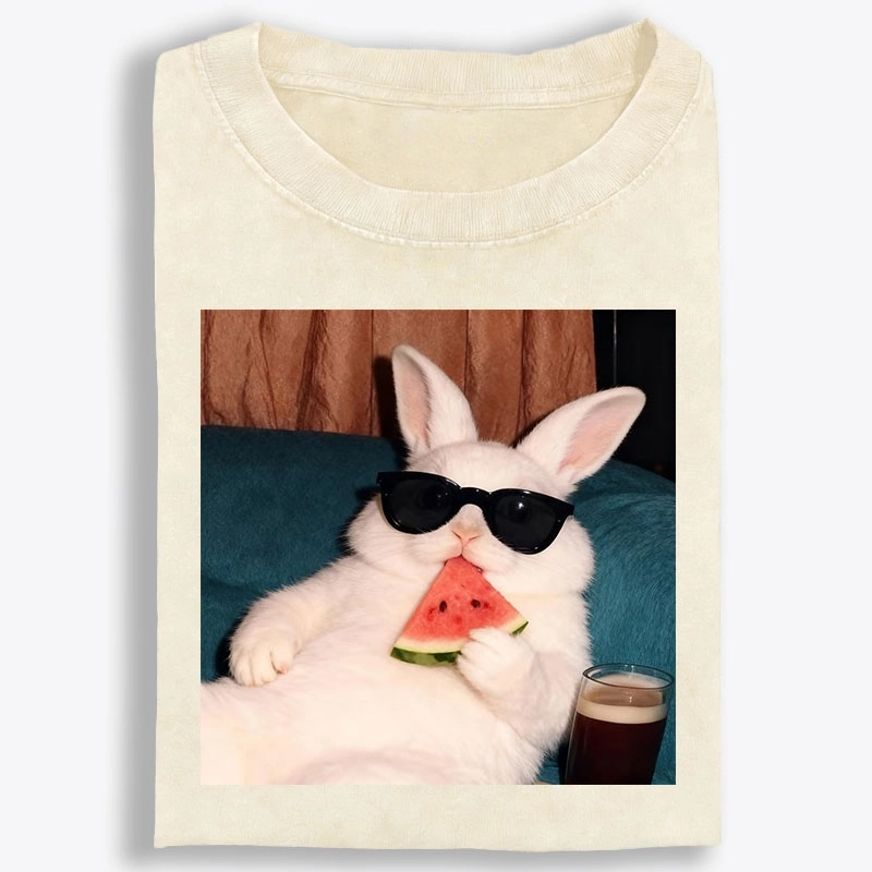Rabbit Eating Watermelon Sunglasses Retro Washed T-Shirt