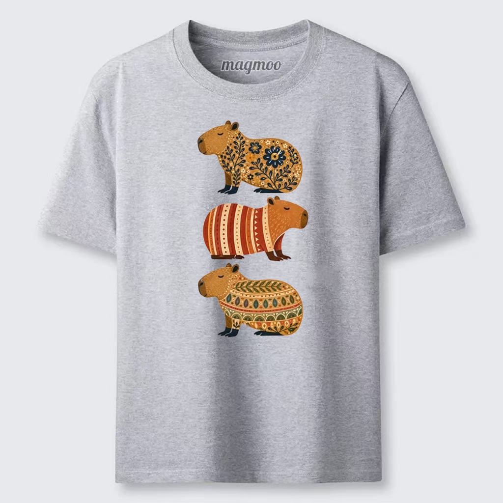 Magmoo Folk Floral Striped Capybara Trio Print Classic T-shirt