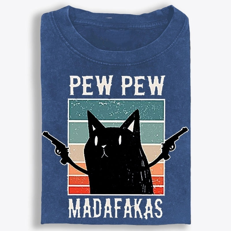 Pew Pew Madafakas Black Cat Retro Washed T-Shirt