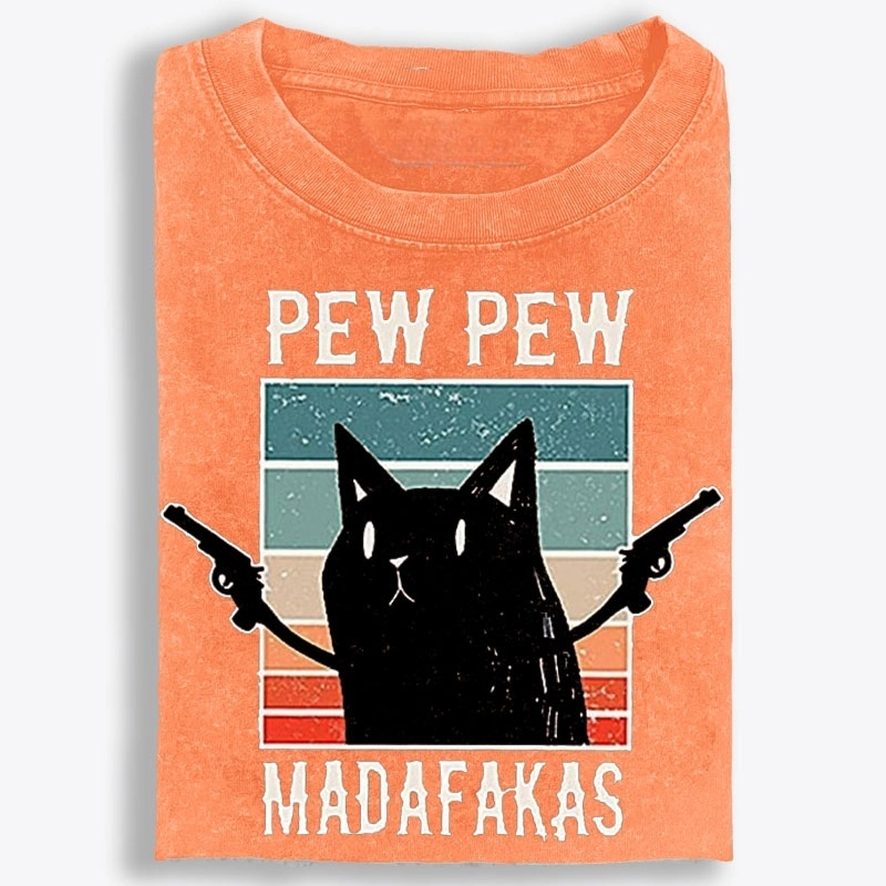 Pew Pew Madafakas Black Cat Retro Washed T-Shirt