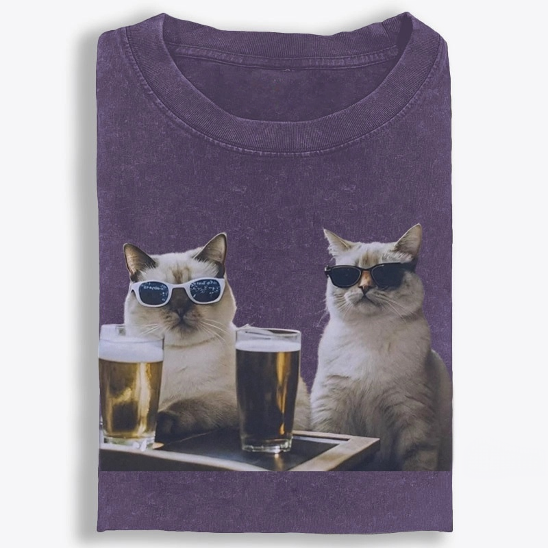 Cats at Bar with Beer Retro Washed T-Shirt