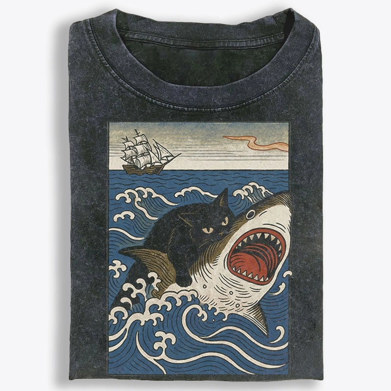 Ukiyo-e Cat Riding Shark Retro Washed T-Shirt