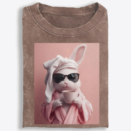 Bunny in Bathrobe Morning Coffee Retro Washed T-Shirt