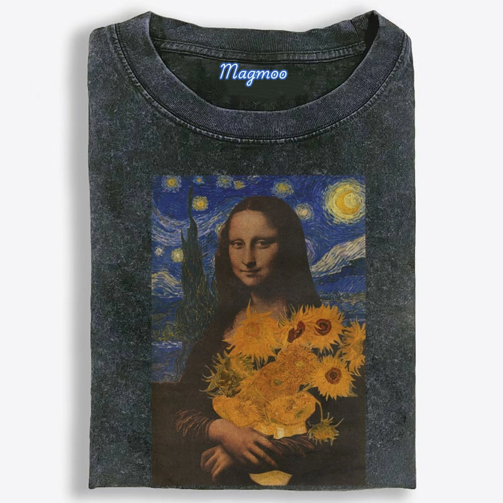 Mona Lisa's Starry Sunflowers Retro Washed T-Shirt