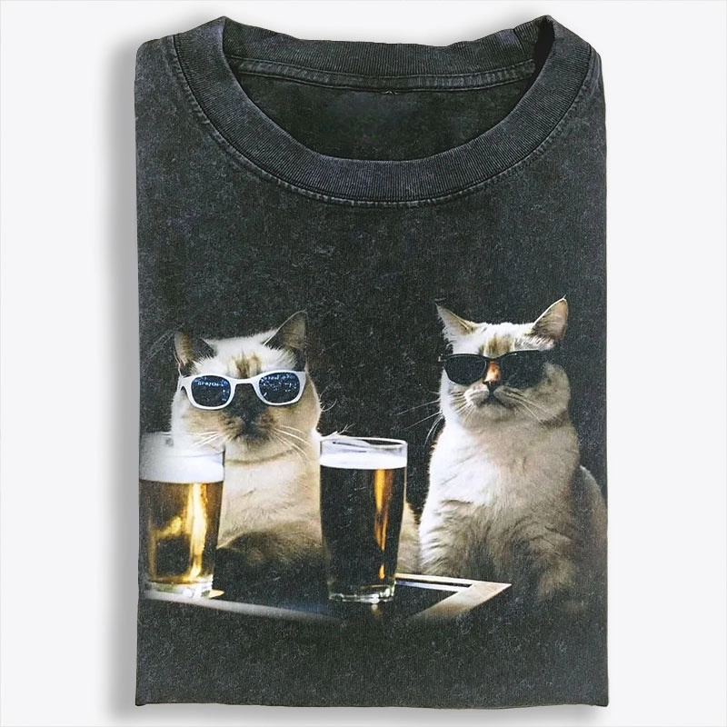 Cats at Bar with Beer Retro Washed T-Shirt