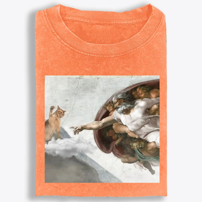 Cat Parody of The Creation of Adam Art Retro Washed T-Shirt