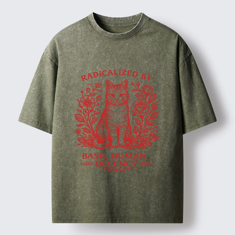 Magmoo Cat Roses Radical Human Decency Washed T-Shirt
