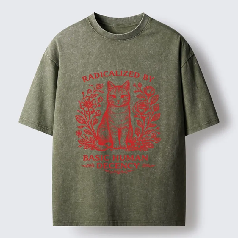 Magmoo Cat Roses Radical Human Decency Washed T-Shirt