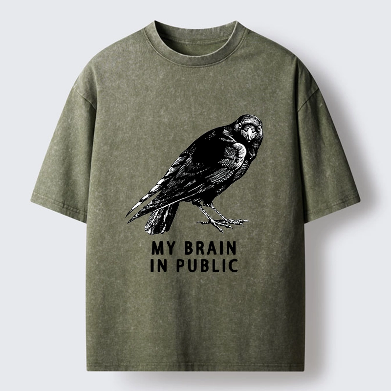 Magmoo Black Crow Public Brain Funny Art Washed T-Shirt