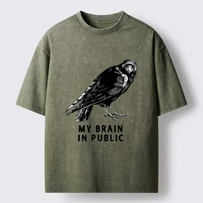 Magmoo Black Crow Public Brain Funny Art Washed T-Shirt