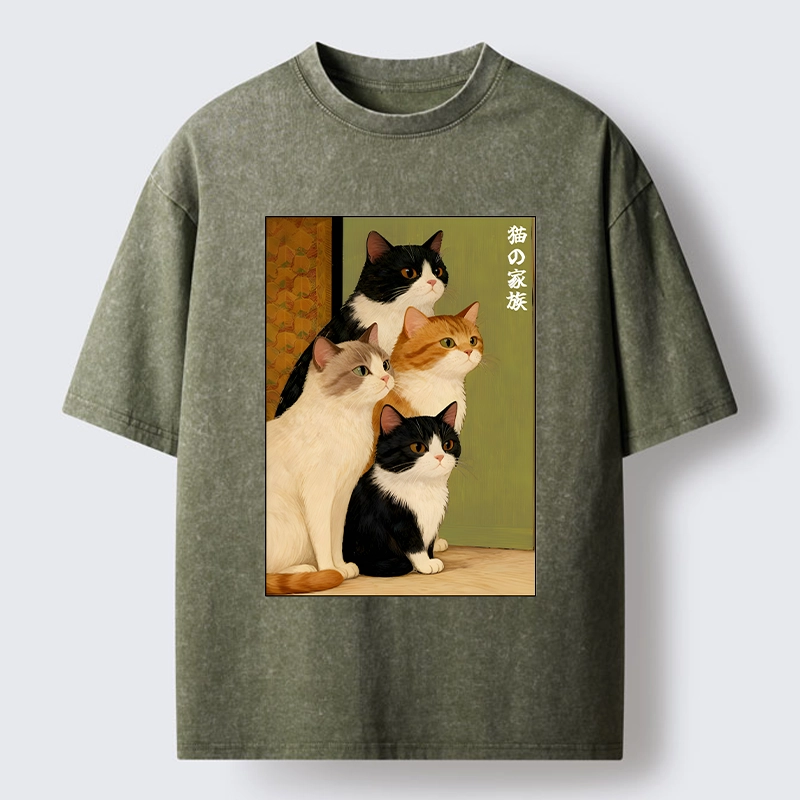 Magmoo Funny Japanese Cat Family Portrait Washed T-Shirt