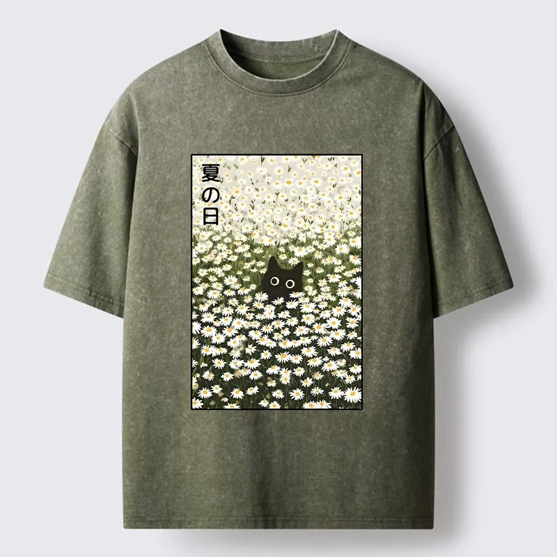 Magmoo Summer Day Daisies Black Cat Washed T-Shirt