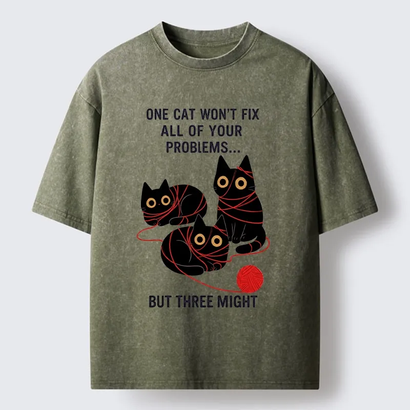 Magmoo Three Cats Fix All Problems Washed T-Shirt