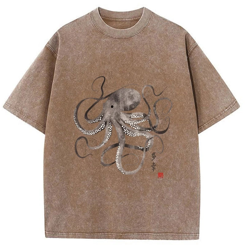 Magmoo Octopus Japanese Calligraphy Washed T-Shirt