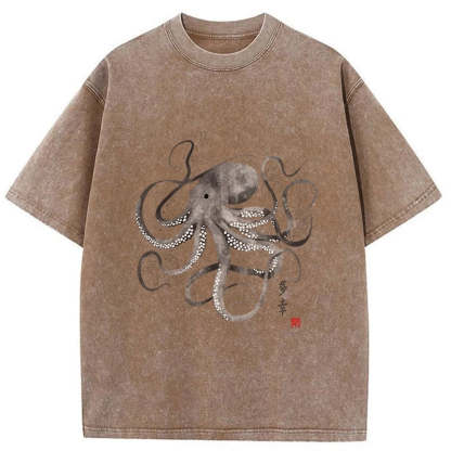 Magmoo Octopus Japanese Calligraphy Washed T-Shirt