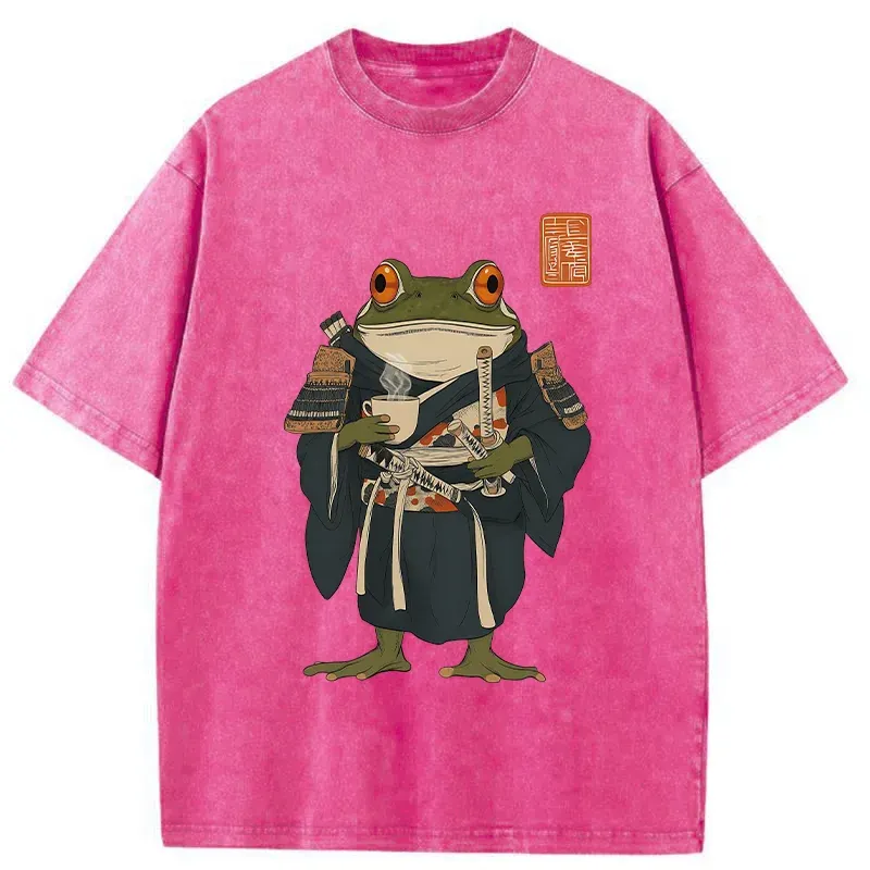 Magmoo Frog Samurai Drinking Tea Washed T-Shirt