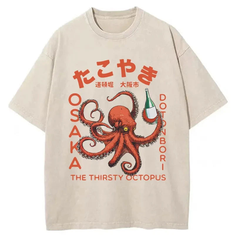Magmoo Octopus Drinks Soju Washed T-Shirt