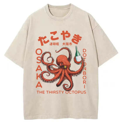 Magmoo Octopus Drinks Soju Washed T-Shirt
