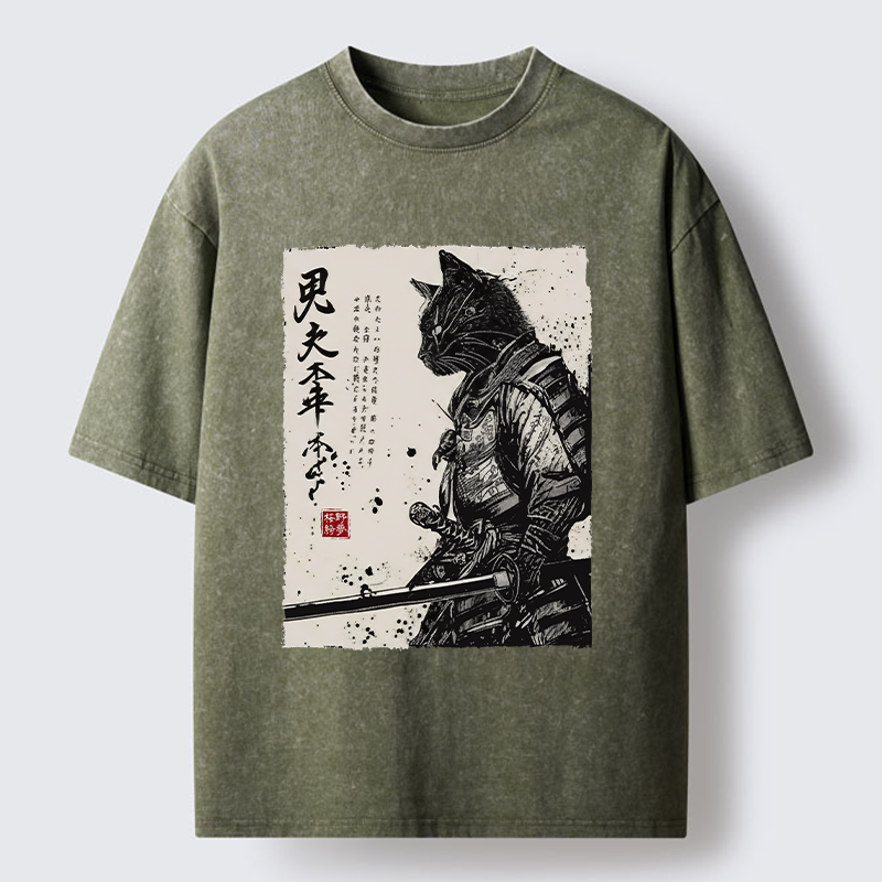 Magmoo Japanese Samurai Cat Funny Washed T-Shirt