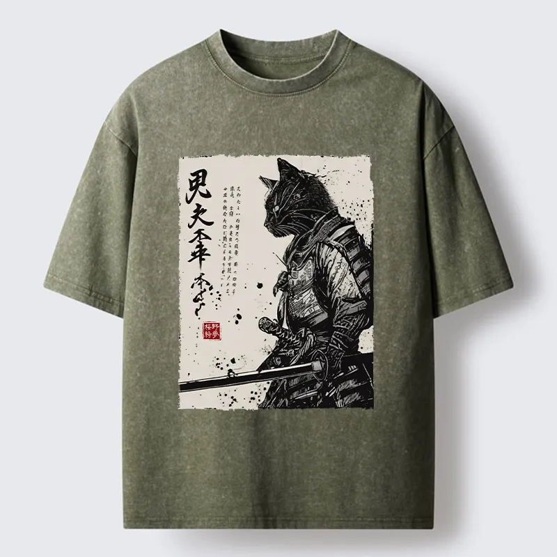 Magmoo Japanese Samurai Cat Funny Washed T-Shirt