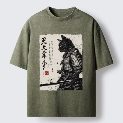 Magmoo Japanese Samurai Cat Funny Washed T-Shirt