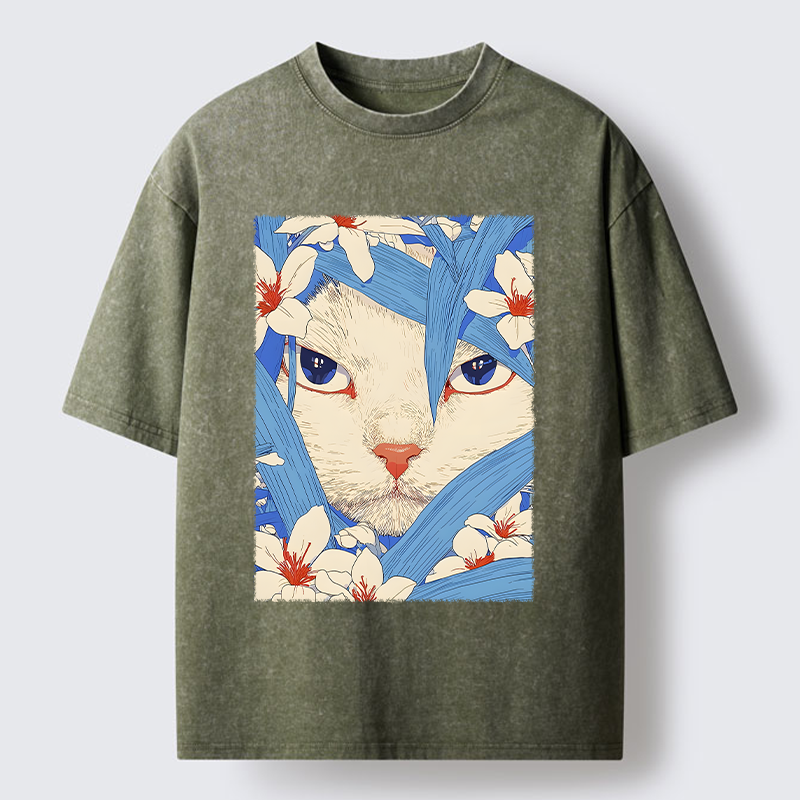 Magmoo Cat In The Grass Washed T-Shirt-Magmoo