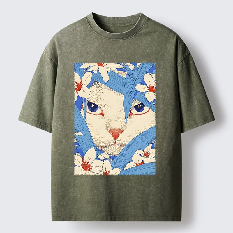 Magmoo Cat In The Grass Washed T-Shirt-Magmoo