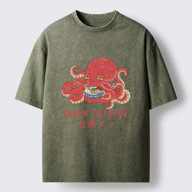 Magmoo Cute Octopus Eating Ramen Washed T-Shirt