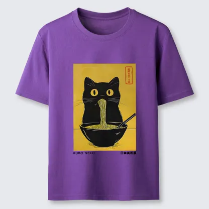 Magmoo Black Cat Eats Ramen In Big Bites Classic T-Shirt-Magmoo