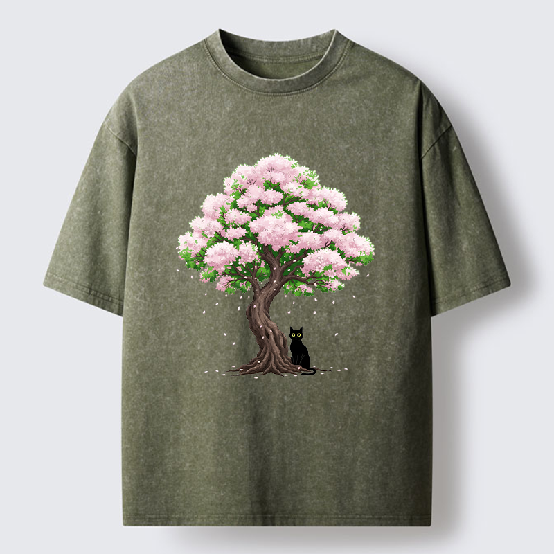 Magmoo Sakura And Cat Washed T-Shirt-Magmoo
