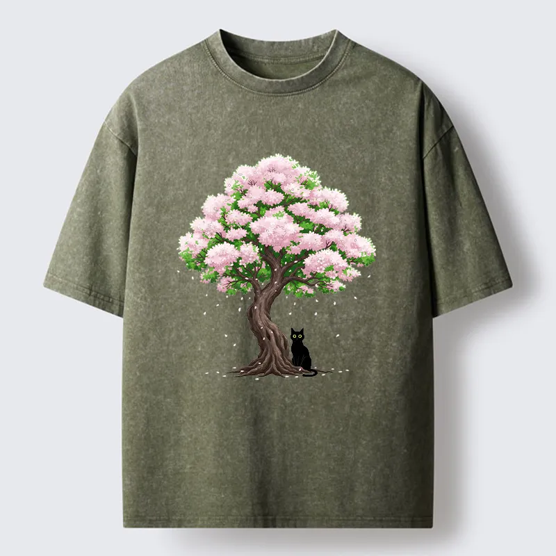 Magmoo Sakura And Cat Washed T-Shirt-Magmoo
