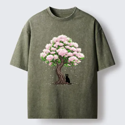 Magmoo Sakura And Cat Washed T-Shirt-Magmoo