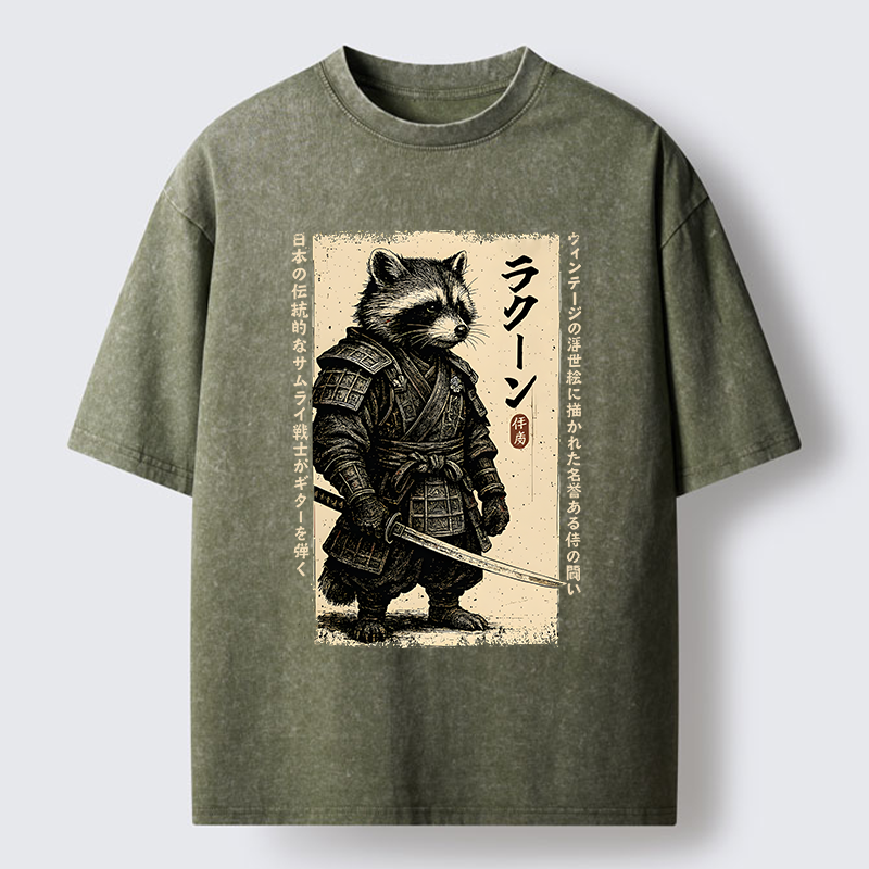 Magmoo Raccoon Japanese Samurai Washed T-Shirt