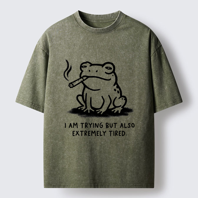 Magmoo Hardworking But Tired Frog Washed T-Shirt