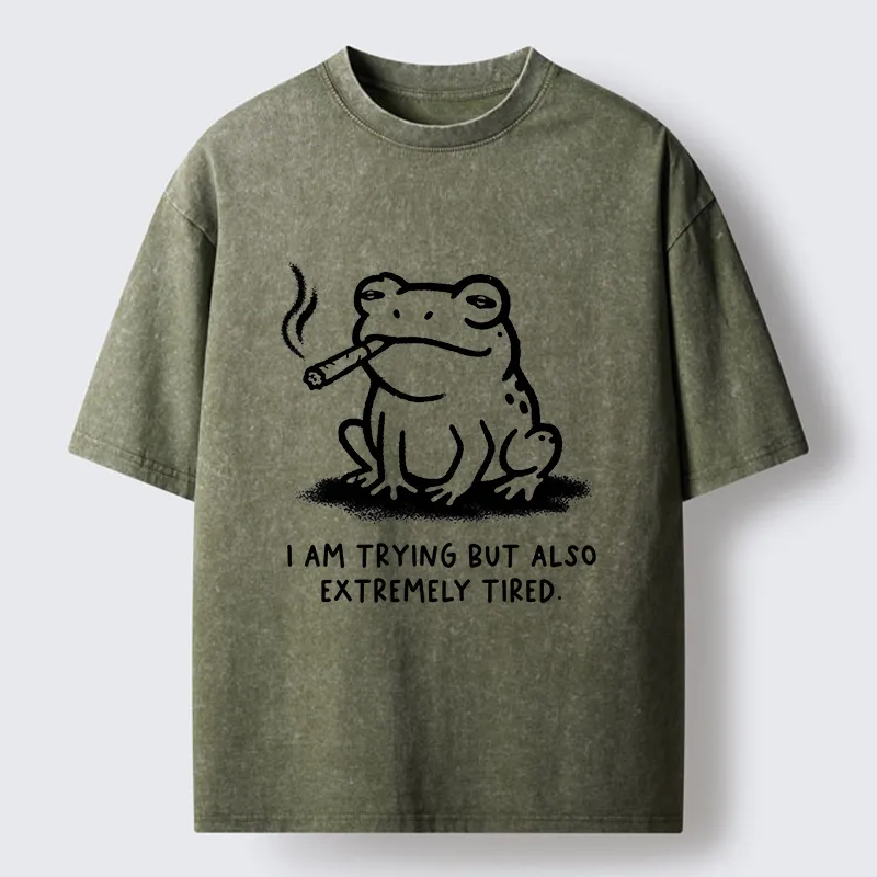 Magmoo Hardworking But Tired Frog Washed T-Shirt